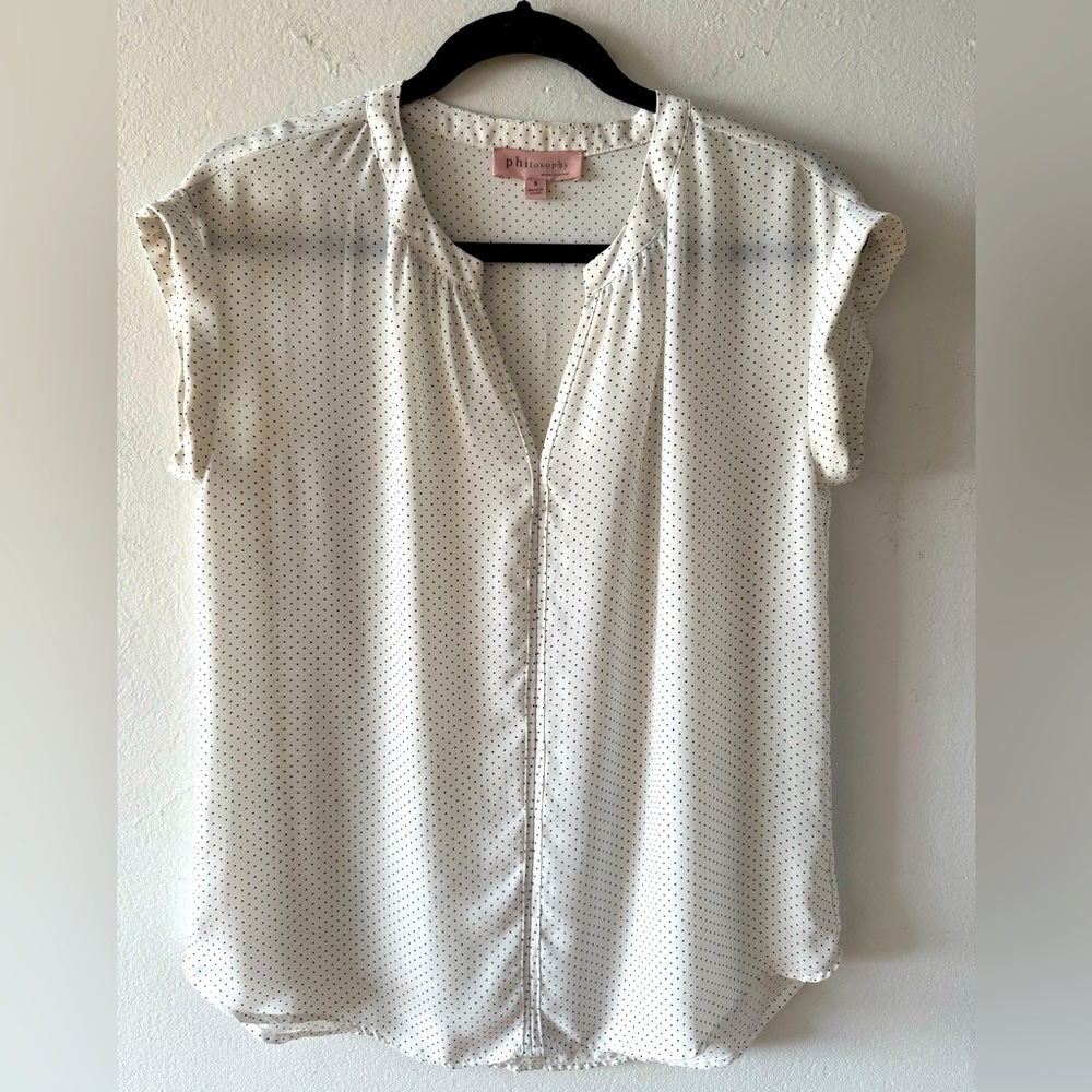 Philosophy black and white small polka dot semi sheer blouse cap sleeves